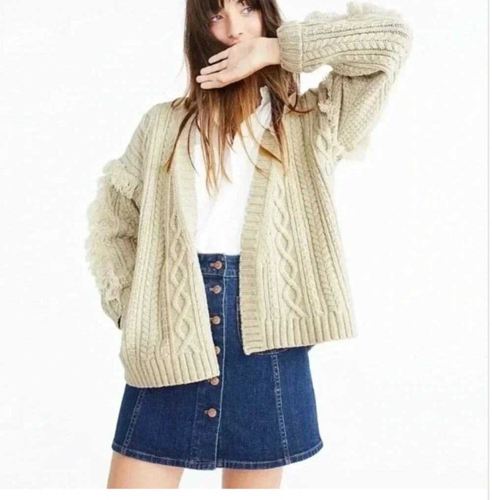 Madewell Merino Wool Cardigan Cable Knit Sweater Fringe Cream Chunky S